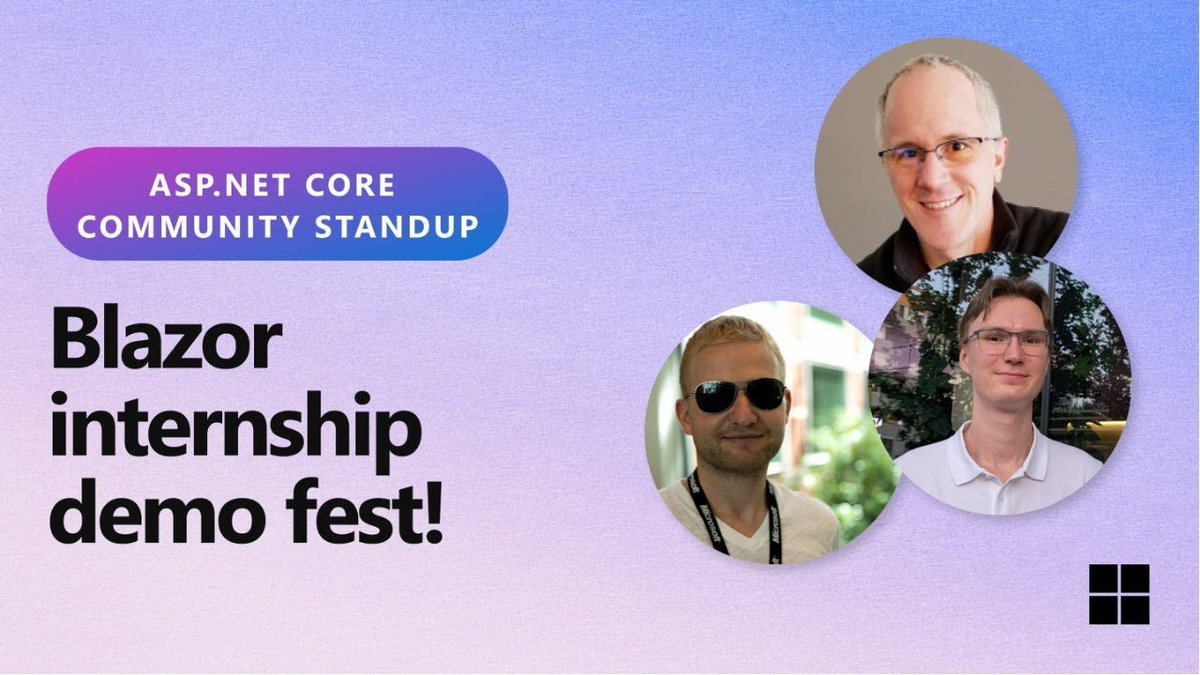 aspnet's tweet image. The Blazor interns are at it again!
HAPPENING LIVE 10AM PT today〰️
...drop in to check out the cool new features that superstar Blazor intern, Roland Vizner, has been hard at work on this summer, including a (cont) msft.it/l/6018s9hCm