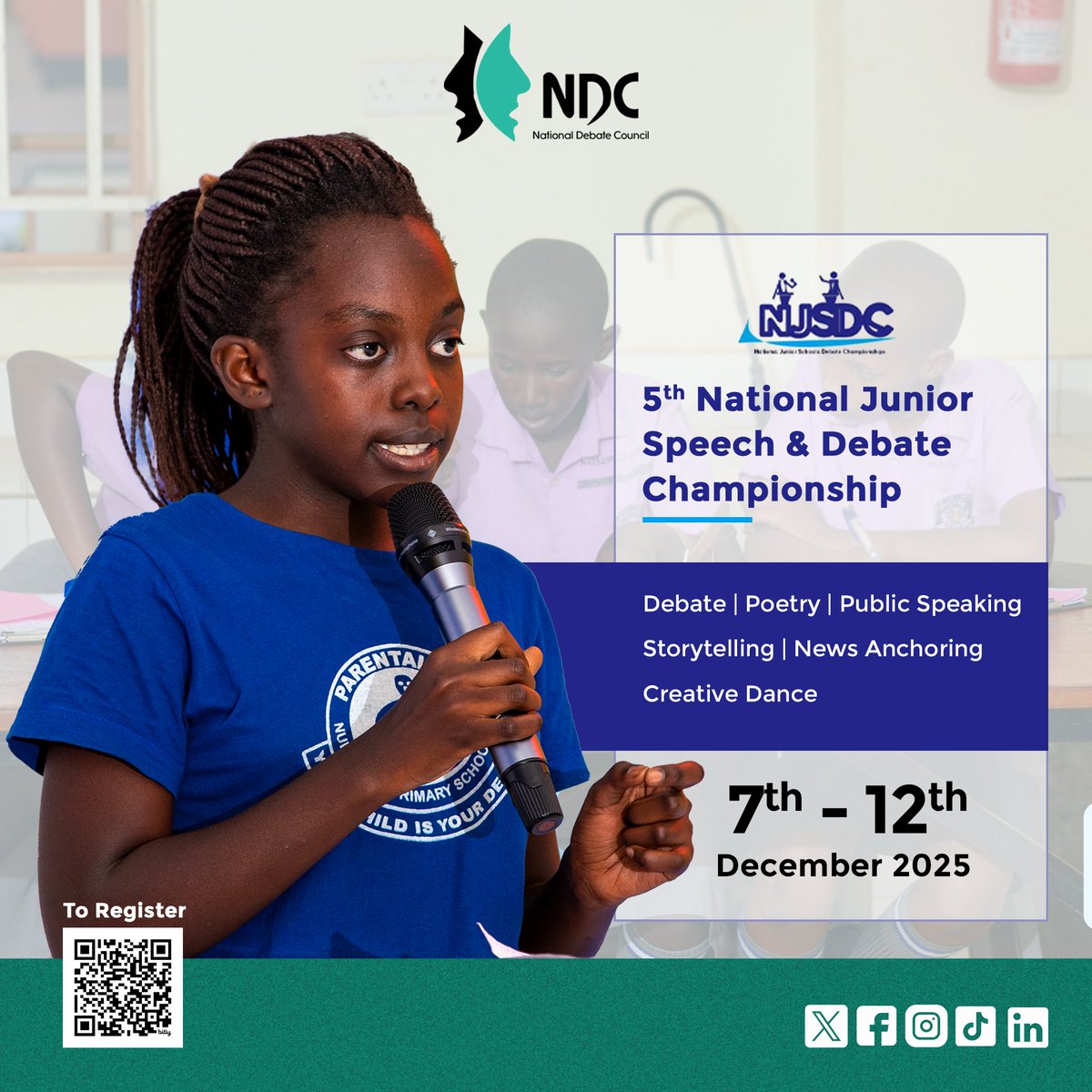 NDCUganda's tweet photo. Uganda’s youngest voices take the stage!

The 5th National Junior Speech &amp; Debate Championship - #5thNJSDC is here
🗓️ Dec 7–12, 2025.
Theme: Our Environment, Our Education, Our Ethics
Register now: https://t.co/mAGPT8TEGs

#NSDC2025 | #DebateUG https://t.co/ZgK2edtaWg