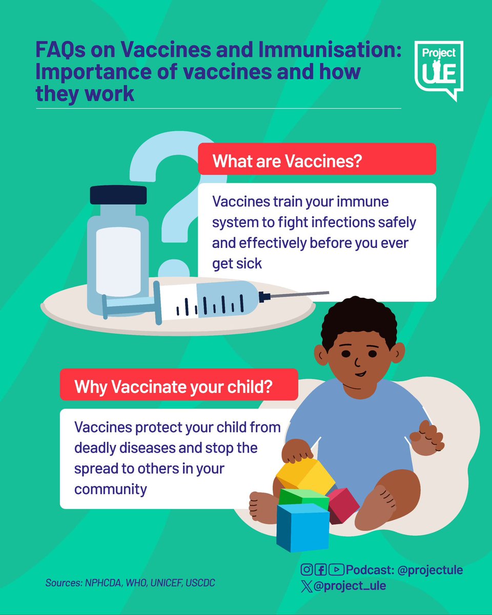 project_ule's tweet photo. 👶💉 Vaccines = Protection for Life
Did you know vaccines train your body to fight infections before you ever get sick? They keep children safe from deadly diseases and protect whole communities.
Swipe 👉 to learn:
- What vaccines are
- Why your child needs them
#projectule https://t.co/6cdacXzzoU