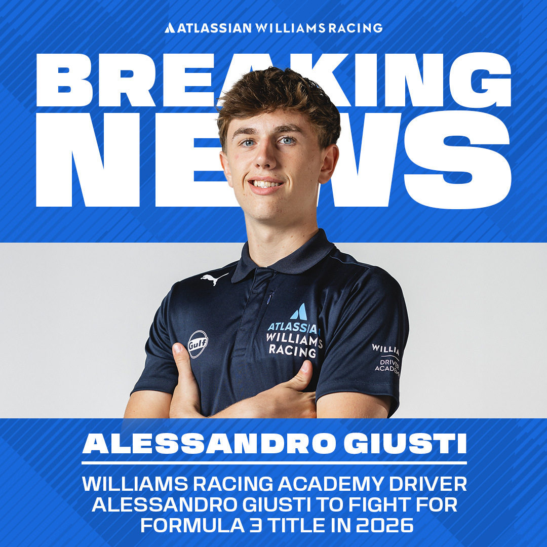 WilliamsF1's tweet photo. Sandro’s here to stay 👊

✍️ Alessandro Giusti re-signs with the Williams Racing Driver Academy and MP Motorsport for the 2026 @Formula3 season. Full details ⬇️