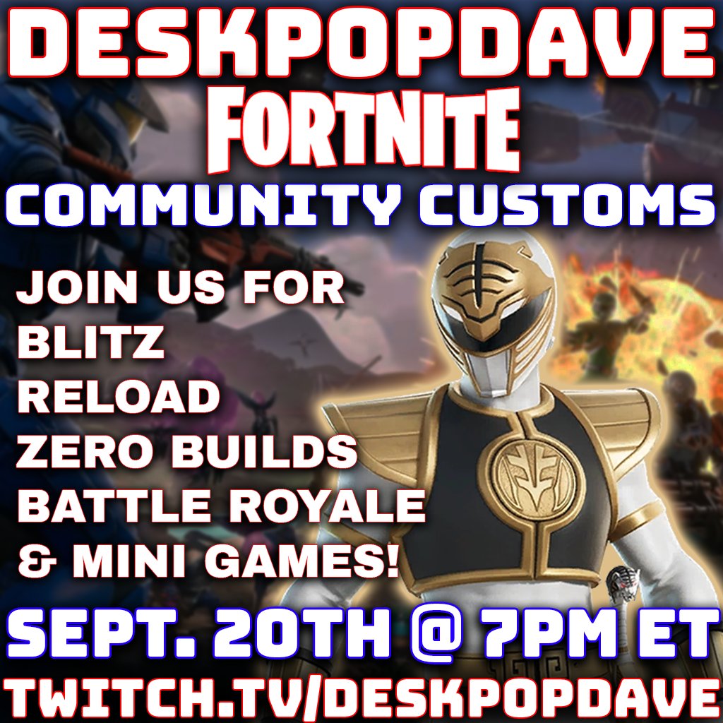 DeskPopDave's tweet photo. 🚨 DPD Fortnite Community Customs RETURN Sept 20 @ 7PM ET!
Featuring: Blitz, Reload, Zero Builds, Battle Royale + Mini Games 🎮🔥
Join the fun: https://t.co/g43x9mEdFM
🟣 Watch live: https://t.co/171wFNOQ4l
#Fortnite #CommunityCustoms #twitch https://t.co/mcqNUcjaOd