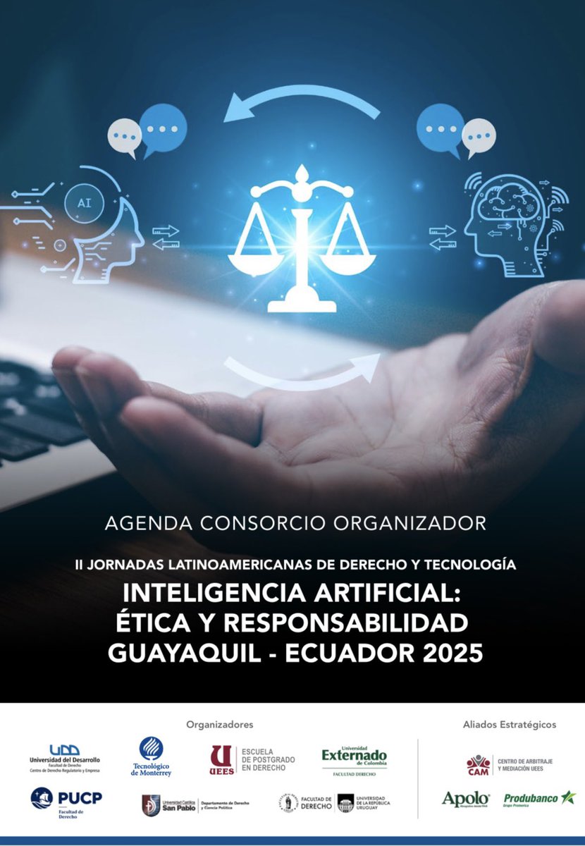 PostDerechoUEES's tweet photo. 🌍 ¡LLEGÓ EL DÍA!
#HOY, a partir de las 09:00, desde el campus de la @uees_ec 🇪🇨, panelistas de diferentes partes del mundo serán parte de las II Jornadas Latinoamericanas de Derecho y Tecnología, #InteligenciaArtificial , Ética y Responsabilidad.
#IALATAMUEES https://t.co/dSxXSdOz7l