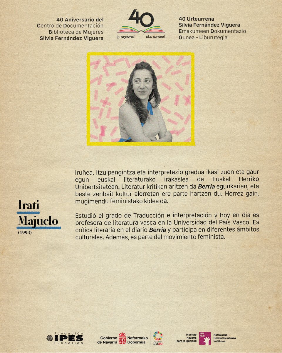 Acto en euskera
Bihar 19:00etan izango da Miren Amuriza eta Irati Majueloren arteko topaketa. EDGL Silvia Fernández Viguera 40. urteurrena ospatzeko laugarren ekitaldia izango da. Hona hemen gonbidatuen curriculum labur bat uzten dizuegu. 
<a href="/igualdad_na/">Igualdad - Berdintasuna</a> <a href="/Pamplona_ayto/">Ayuntamiento de Pamplona</a>