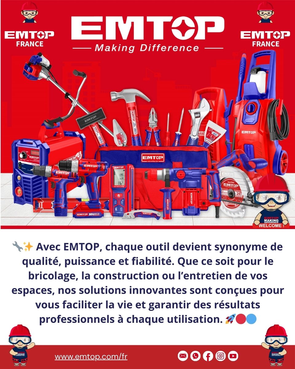 EMTOP_FRANCE's tweet photo. 🔴🔵 EMTOP – Making Difference 🔴🔵

Découvrez une gamme complète d’outils et d’équipements conçus pour répondre aux besoins des professionnels comme des passionnés de bricolage. 💪

👉 Faites confiance à la qualité qui fait la différence.
#EMTOPFrance #MakingDifference https://t.co/q4obtk1gPn