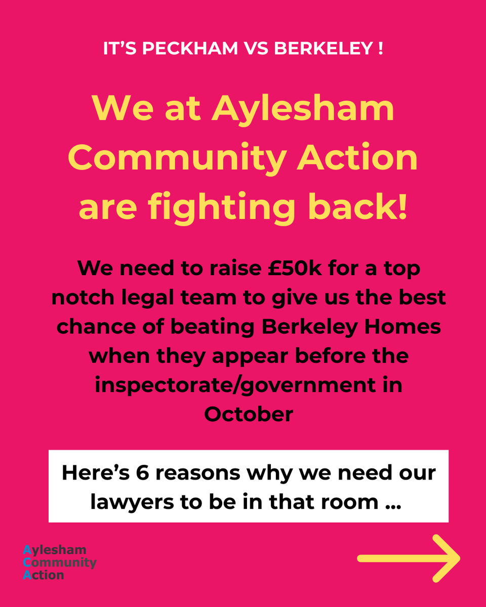 We at <a href="/ACAPeckham/">Aylesham Community Action</a>  are fighting back, as we always have done!

We need to raise £50k to challenge Berkeley Homes when they appear before the inspectorate/government in October

And here’s 6 reasons why we need our lawyers to be in that room