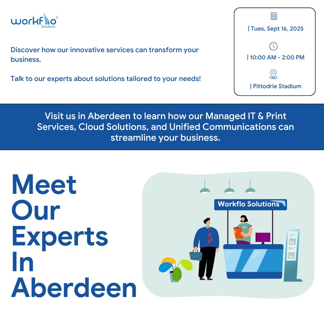 Workflo_sol's tweet image. We’re bringing smarter business solutions to Aberdeen!

From IT support and print management to cloud security and digital workflows, we’ll show you how to simplify operations and reduce costs.

Meet us at #HashtagEvent on September 16th!