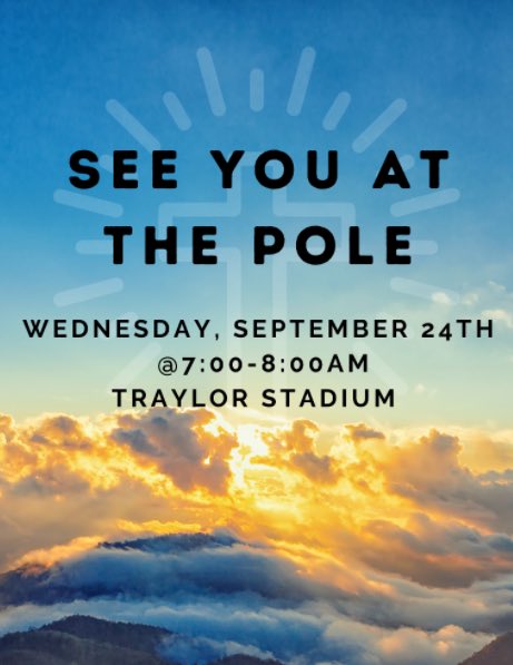 Reminder: FCA Meets today at 8:30 in the <a href="/LJHMustangs/">Lamar JH</a> library and every Tuesday. Join us! Also just a reminder that we have a national day of prayer approaching. See you at the pole is Wed. Sept. 24th. <a href="/LCHS_Mustangs/">Lamar Consolidated Athletics</a> <a href="/Mustang_SATA/">LCHS Sports Medicine</a> <a href="/JaneWessendorff/">Jane Wessendorff Middle School</a> <a href="/LJH_Sports/">Lamar JH Atheltics</a> 💙🙏🏻