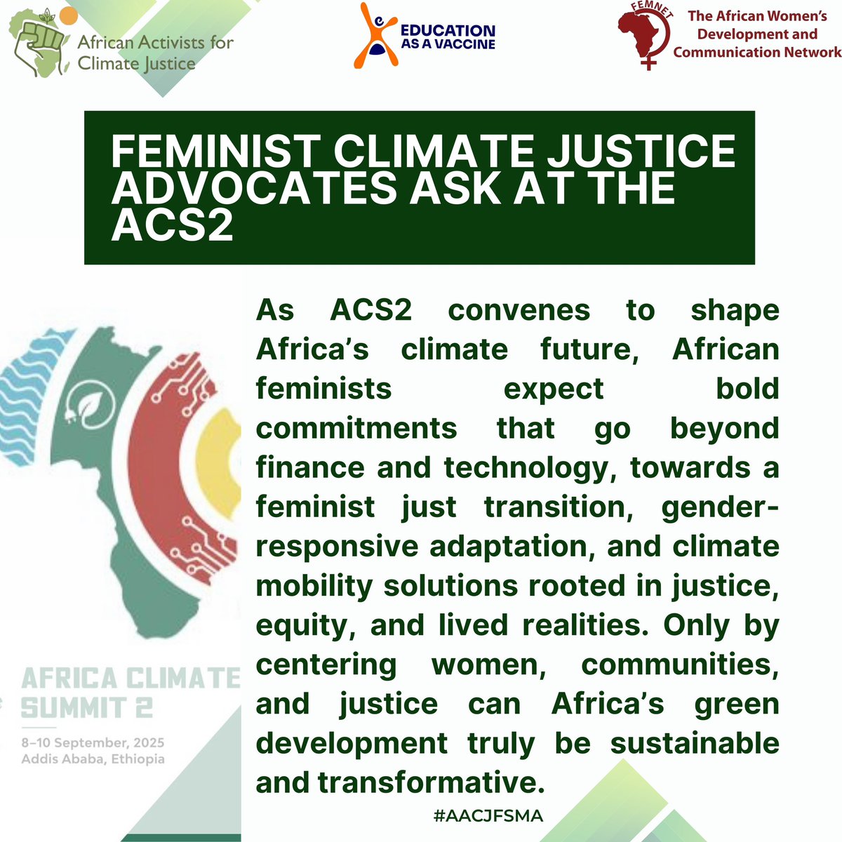 amee_abdul's tweet image. As the #AddisAbabaDeclaration takes shape at #ACS2, African feminist climate justice advocates are calling for a gender-centered agenda, one that prioritizes renewable energy, just transition, climate finance, and African-led solutions.
#AACJFSMA #Africaclimatesummit #ACS2025