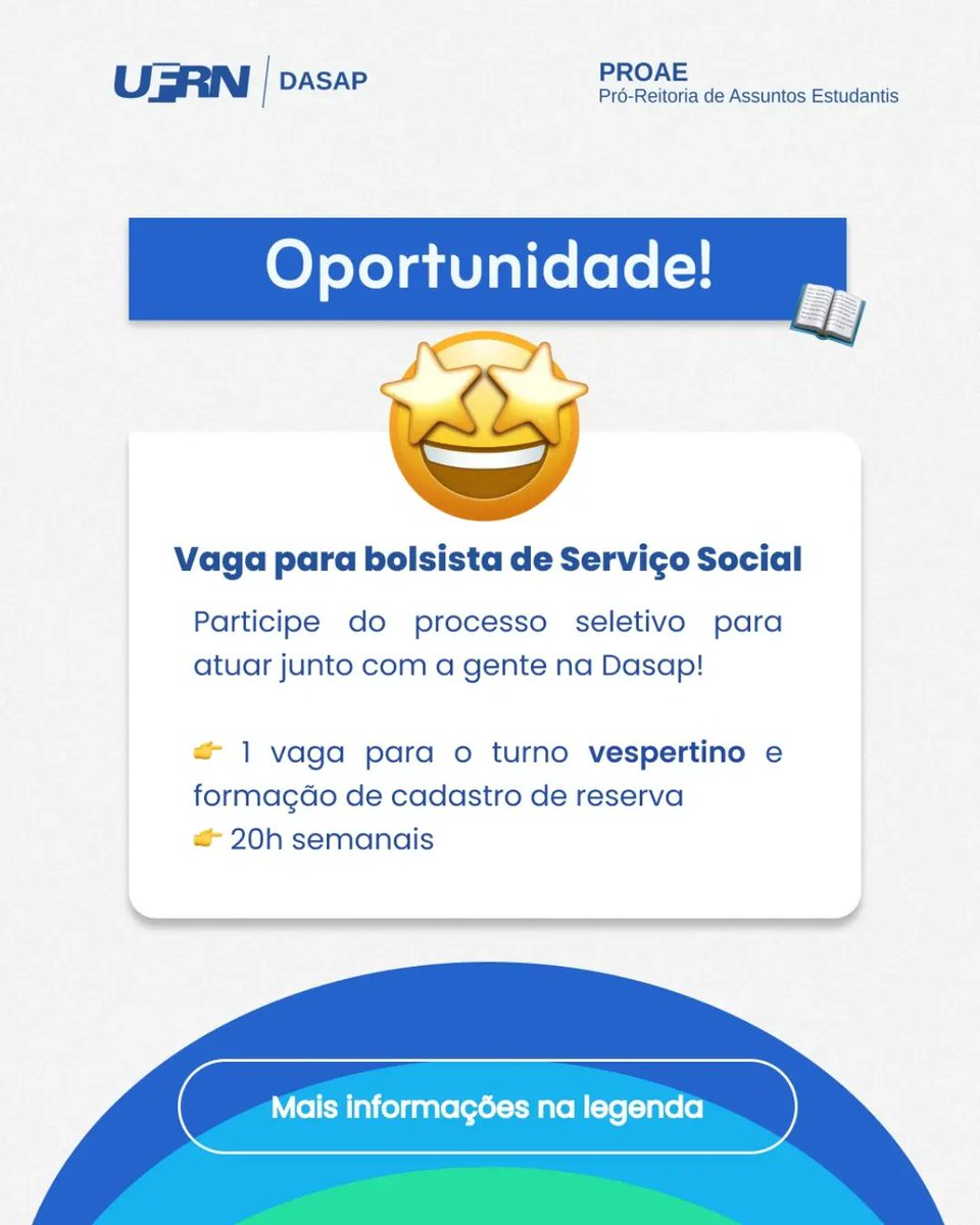 A PROAE tornou público o edital de seleção para bolsista remunerado na área de Serviço Social. Está sendo ofertada uma vaga de 20h semanais para o turno vespertino.
🔗As inscrições ficam abertas até 14/09, via forms: encurtador.com.br/0Yxud