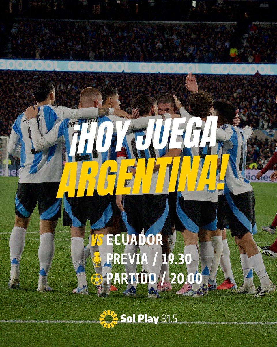 🇦🇷 ¡HOY JUEGA ARGENTINA!

La Albiceleste visita a Ecuador para cerrar su participación en las #EliminatoriasSudamericanas y lo vivís por solplay915.com.ar

🎙️ Relata <a href="/SantiSotto/">Santiago Sotto</a> 
🎙️ Comenta <a href="/quiquecruzh/">Enrique Cruz</a>