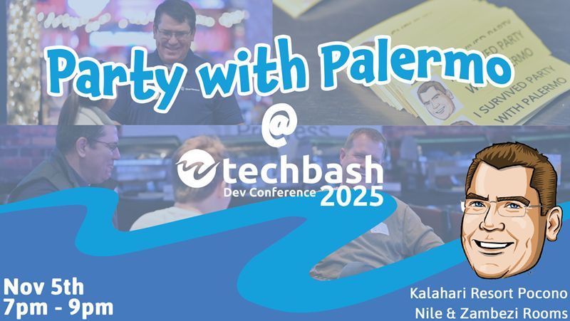 jgaylord's tweet image. Do you remember Party with Palermo? Whether you've been there before or not, you have the opportunity to experience it this year at TechBash 2025. For details, visit jasong.us/4plGgXF
#PartyWithPalermo #Palermo #TechBash #TechBash2025 #dotnet #dotnetconf #devevent