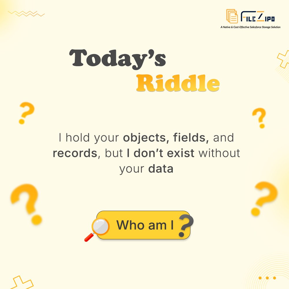 FileZipo's tweet image. 🔎 Riddle Time for Salesforce Admins &amp;amp; Architects

“I grow bigger with every attachment and document; I drain your storage and expanding me costs a fortune. Who am I?” 🤔 Drop your answers below

#Salesforce #FileZIPO #StorageSolution #AdminLife #CRM