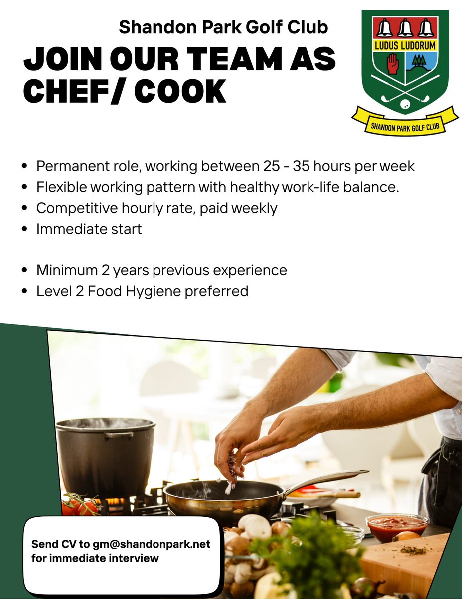 👨‍🍳 We’re hiring a Chef/Cook at Shandon Park Golf Club!
✅ 25–35 hrs/week
✅ Flexible shifts &amp; weekly pay
✅ Immediate start
📩 Apply now: send CV to gm@shandonpark.net
#Hiring #ChefJobs #CookJobs #HospitalityCareers