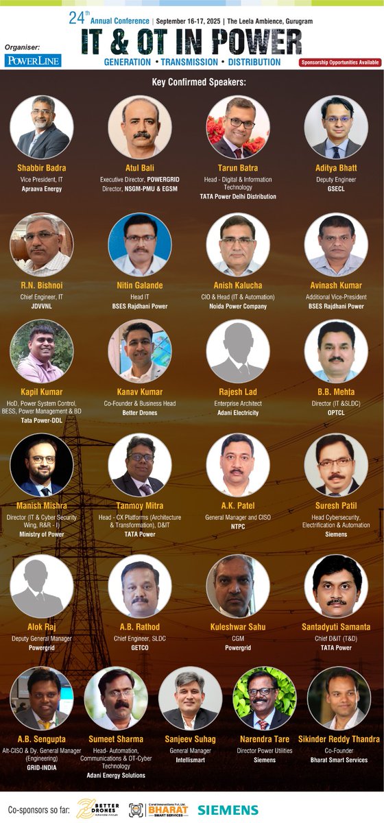Powerline_Mag's tweet image. Hear from an excellent lineup of speakers at the 24th Annual Conference on IT and OT in Power, taking place on September 16–17, 2025, at The Grand, Vasant Kunj, New Delhi.

To attend, visit now:: web.cvent.com/event/9b1e0e23…

#DigitalPowerSector #AIinEnergy #SmartGridIndia