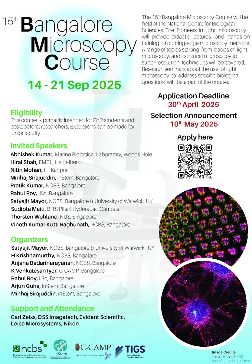 CCAMP_India's tweet image. #NewEvent #TrainingCourse 15th Bangalore Microscopy Course #BMC2025 starts in less than a week!
Co-organized by @NCBS_Bangalore C-CAMP @DBT_inStem the course will teach basic & advanced level optical microscopy techniques through lectures, hands-on sessions & research seminars…