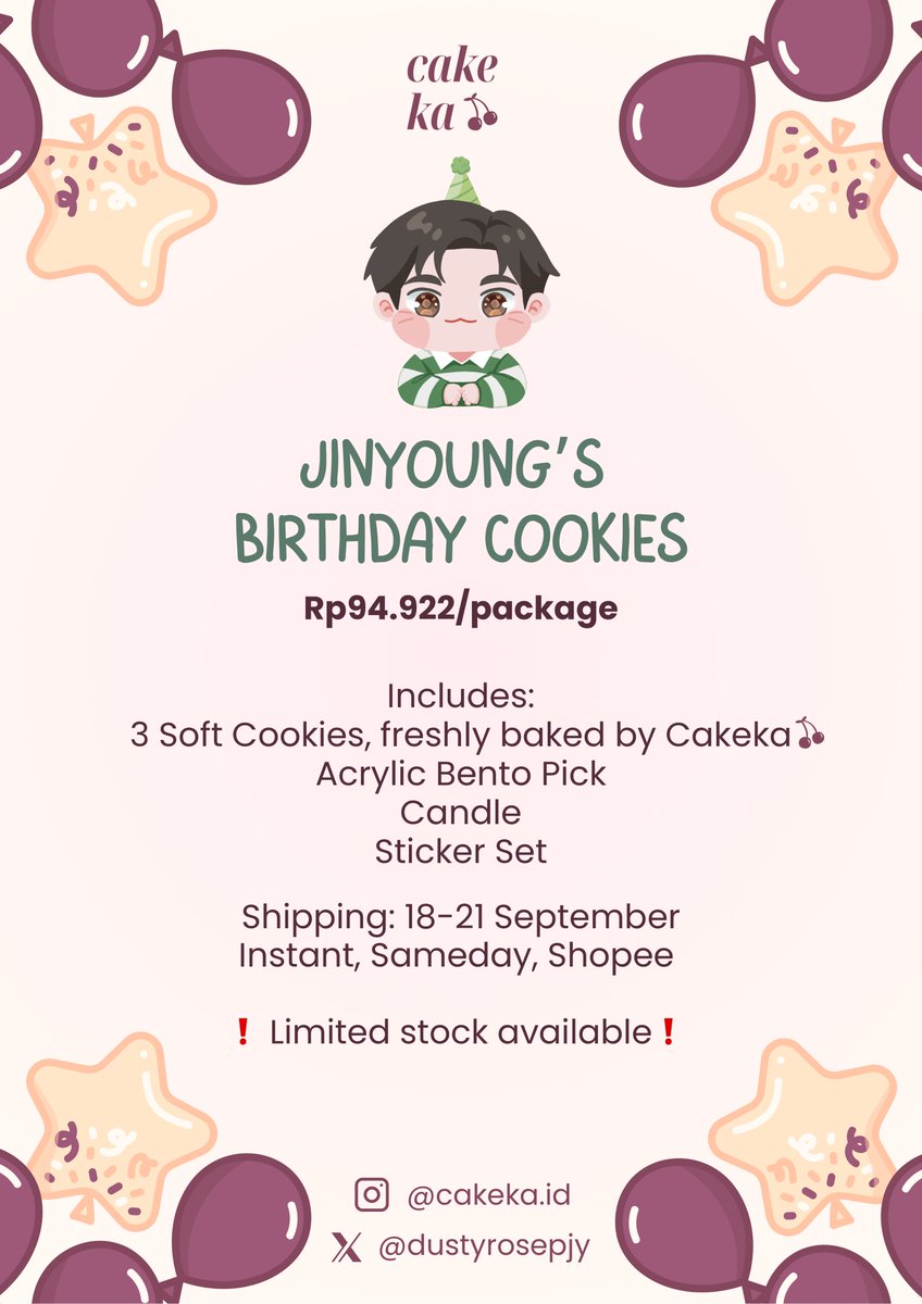 🍪 OPEN PO 🍪

𝙅𝙞𝙣𝙮𝙤𝙪𝙣𝙜’𝙨 𝘽𝙞𝙧𝙩𝙝𝙙𝙖𝙮 𝘾𝙤𝙤𝙠𝙞𝙚𝙨 ♥︎ 

Let’s blow the candle together on Jinyoung’s birthday! 🥳

💵 Rp94.922/package
🛵 Instant, Sameday, Shopee
🔗 bit.ly/JinyoungsBirth…
❗️LIMITED STOCK❗️

=^^=🩷