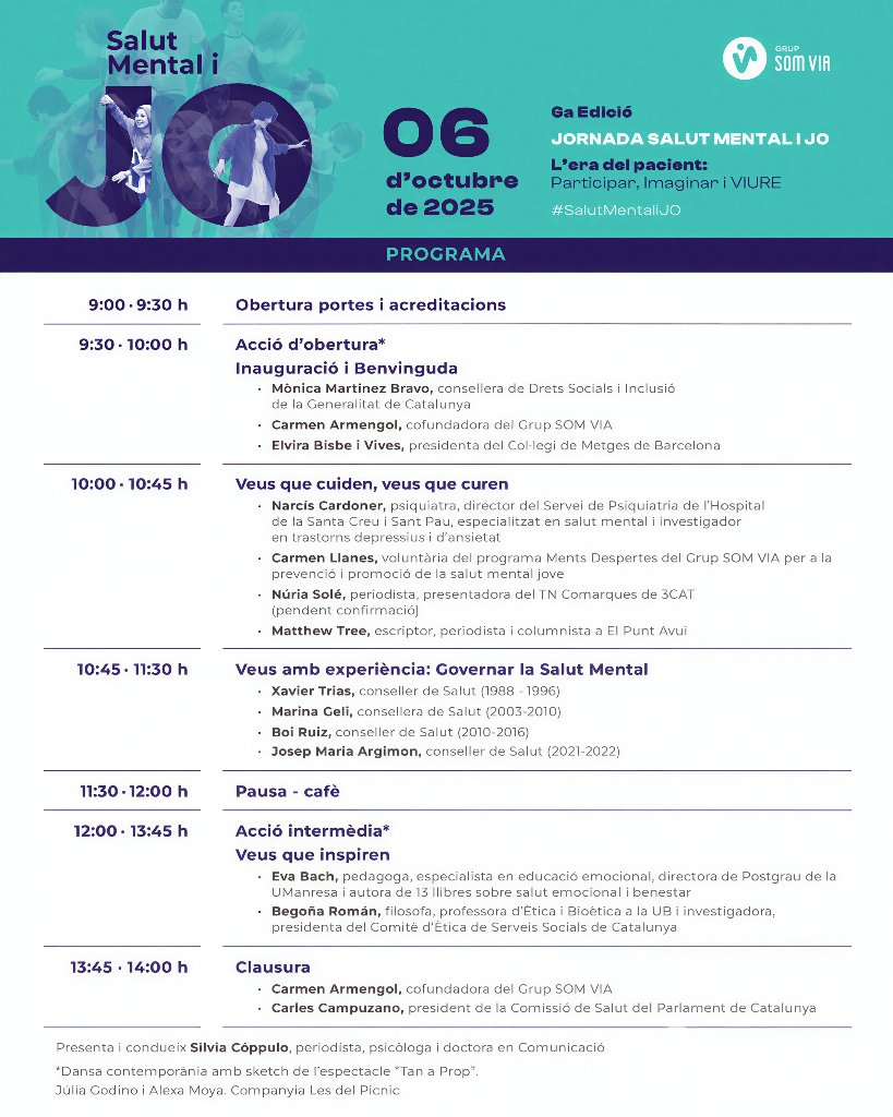 🗓️Dilluns, 6 d’octubre de 2025
📍 Col·legi de Metges de Barcelona
✅ Inscripcions obertes a: es.surveymonkey.com/r/somvia

Arriba la 6a edició de la Jornada Salut Mental i JO: “L’era del pacient: Participar, Imaginar i VIURE”.