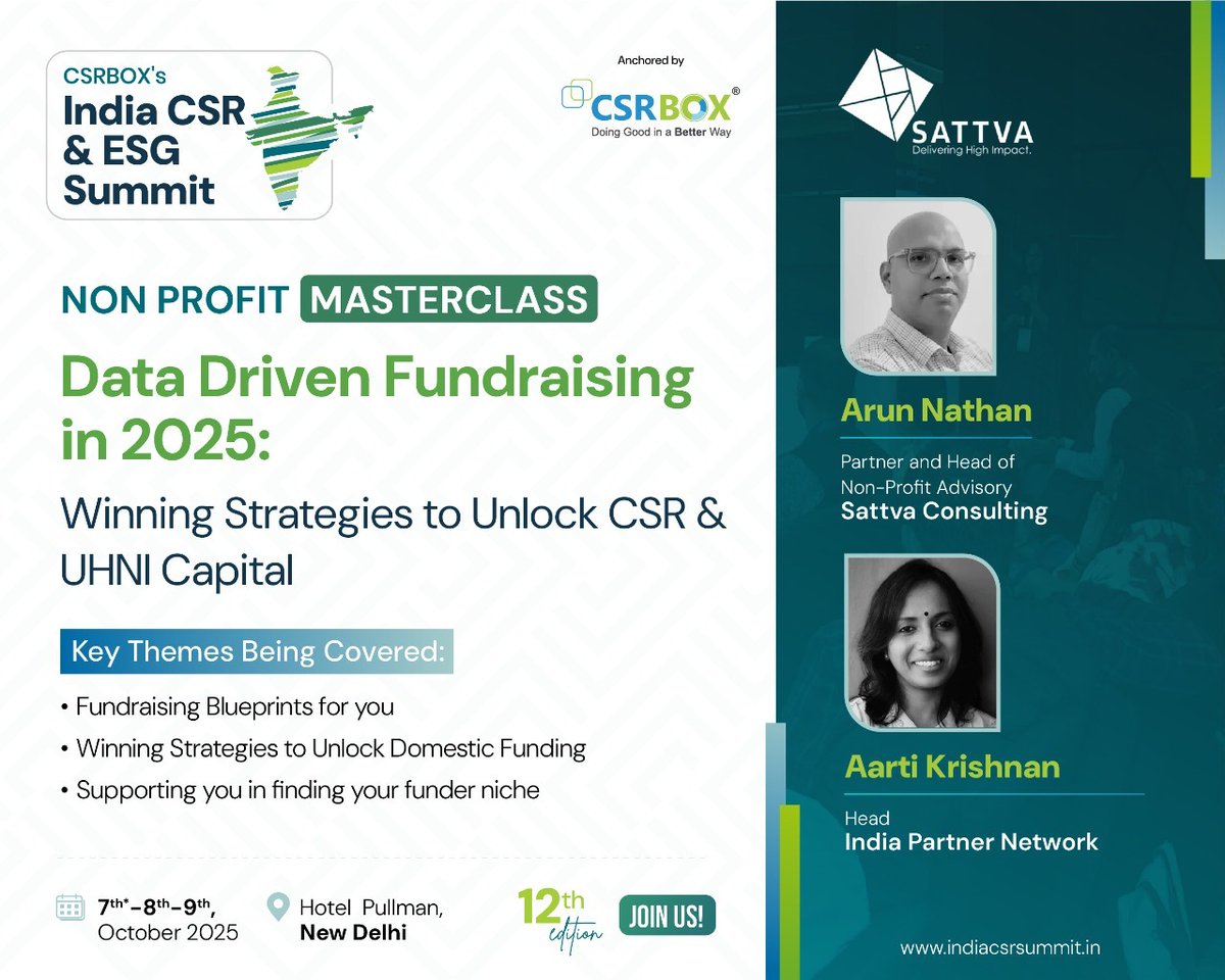 _sattva's tweet image. Arun Nathan and Aarti Krishnan will lead a masterclass at #ICES2025 to unlock proven fundraising blueprints to help you scale your impact and accelerate success. Register: indiacsrsummit.in.

#fundraisingstrategy #scalableimpact #NGO #NGOfunding #unlockingCSR