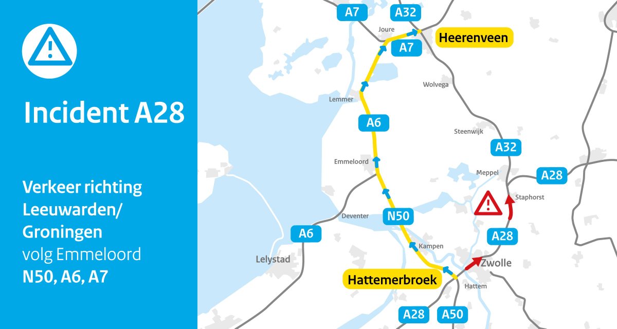 Op de #A28 vanuit Amersfoort richting Zwolle zijn ter hoogte van afrit Zwolle-centrum twee rijstroken dicht door bergingswerkzaamheden. De vertraging is bijna drie kwartier. We leiden je voorlopig om vanaf knp. Hattemerbroek via onderstaande route. 👇