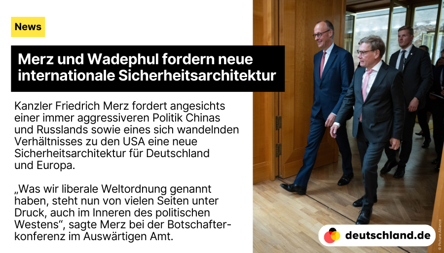 de_deutschland's tweet image. +++ Merz und Wadephul fordern neue #internationale Sicherheitsarchitektur 

🇩🇪 Hier findest du die wichtigsten Informationen über die #Außenpolitik und internationalen Beziehungen Deutschlands.

👉deutschland.de/de/news/deutsc…

#NewsDE