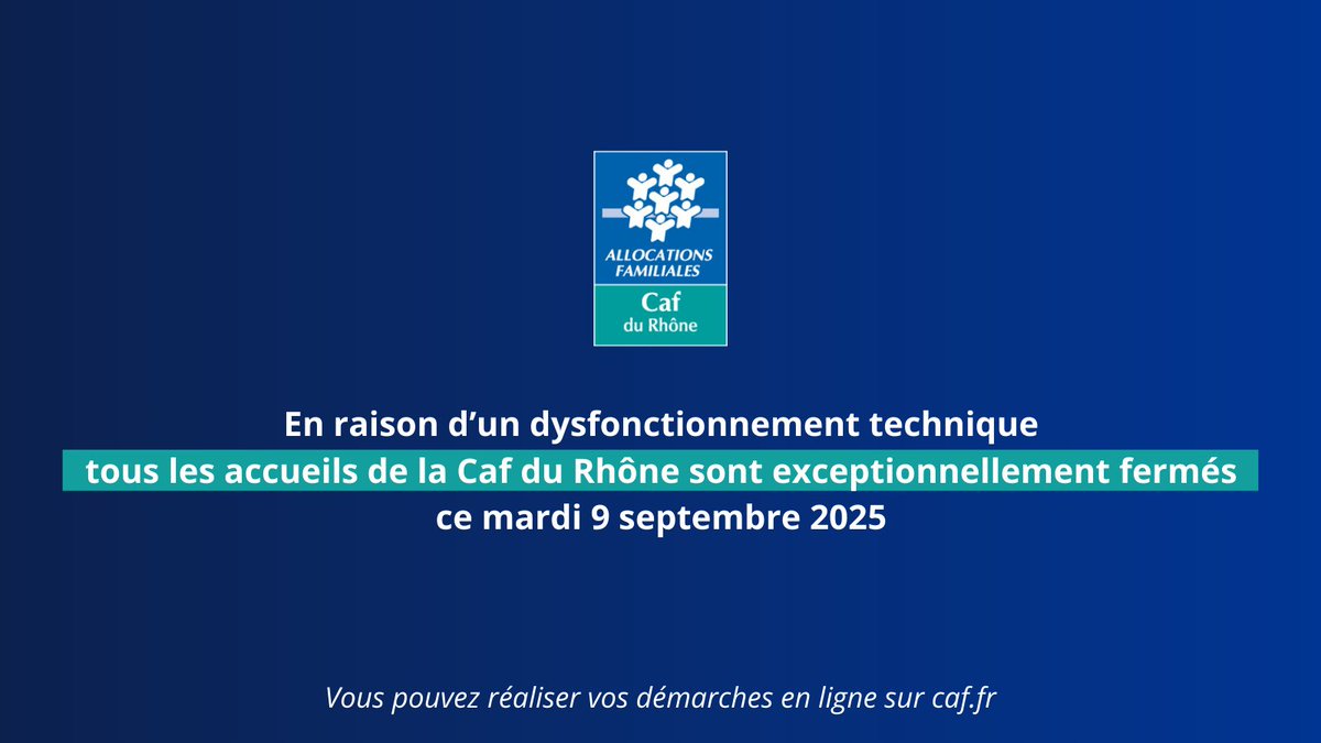 ⚠️En raison d’un dysfonctionnement technique, tous les accueils de la Caf du Rhône sont exceptionnellement fermés ce mardi 9 septembre 2025.
Nous vous prions de nous excuser pour la gêne occasionnée et vous remercions de votre compréhension.