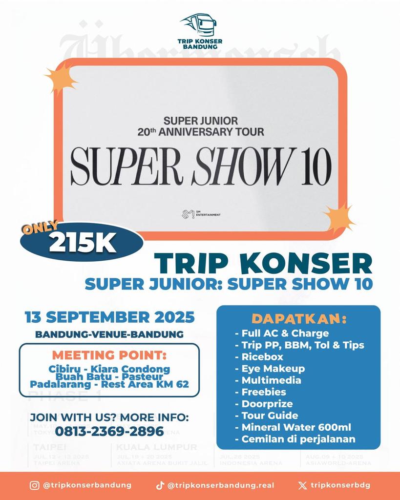 CALLING ALL ELF!💥

TRIP SUPER JUNIOR: SUPER SHOW 10
[PP BANDUNG - VENUE - BANDUNG]

Yuk yang mau cari temen barengan dari Bandung buat nonton super Junior bareng tripkonserbandung aja 😍🥰 berpengalaman untuk super show tahun-tahun sebelumnya 🤍

Wts wtb trip konser tiket bdg