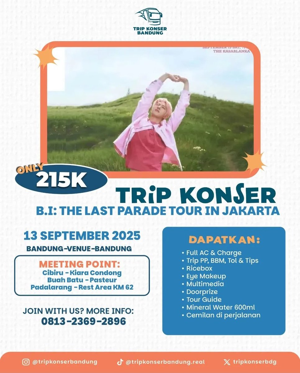 OPEN TRIP BI: THE LAST PARADE TOUR IN JAKARTA
Bandung - venue - Bandung

ID bandung, yang belum punya temen ngonser atau barengan, Bareng tripkonserbandung aja😻

Wts wtb trip konser bdg jkt cibiru buah batu pasteur padalarang Ikon
#THELASTPARADEINJAKARTA 
#BI #비아이