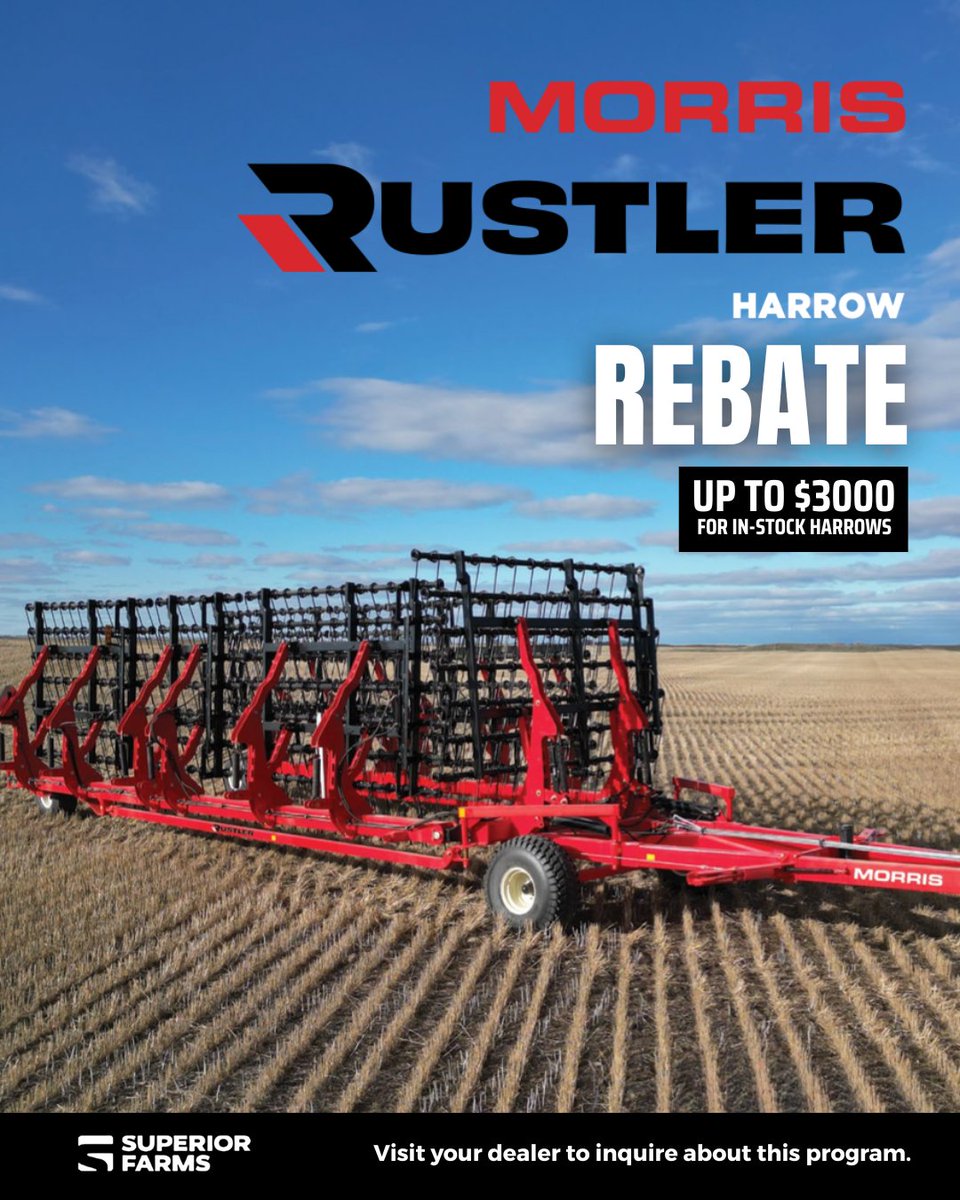Save up to $3,000 on in-stock Morris Rustler harrows. This limited-time rebate is available through your local dealer. Visit today to learn more about the program and eligible models.