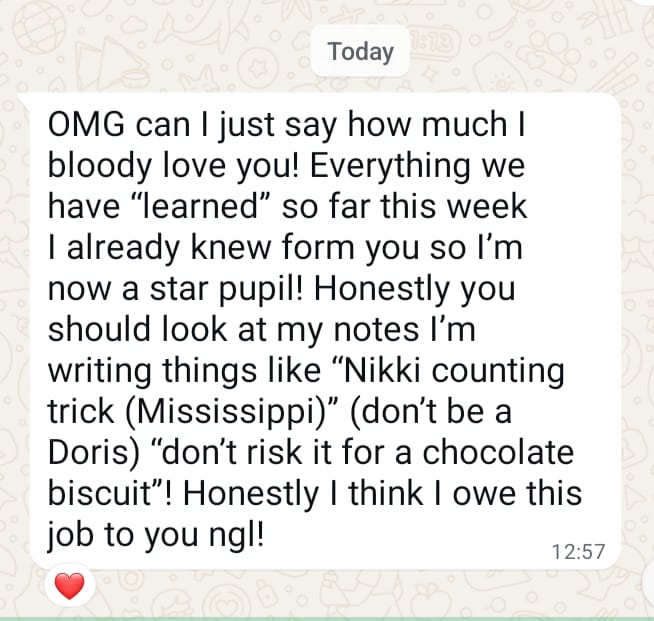 When you receive a message like this from a previous pupil who is pursuing a career that involves "driving" as a major part of their job-Perhaps my craziness &amp; words of wisdom DO resonate stick in the brain 🧠 cells
Skills for life &amp; that Keyring DOES change lives - proud Nik ♥️