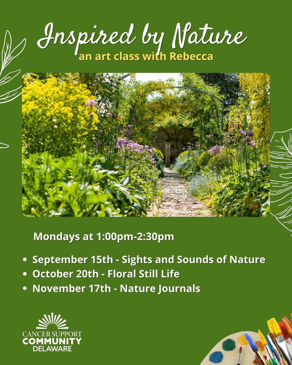 CancerSupportDE's tweet image. Using nature as a muse, this gently paced and relaxed class invites participants to explore mixed media through a variety of drawing and watercolor techniques. No previous experience is necessary. Register for one, two or all classes at form.jotform.com/221505371623145

#CSCDE…