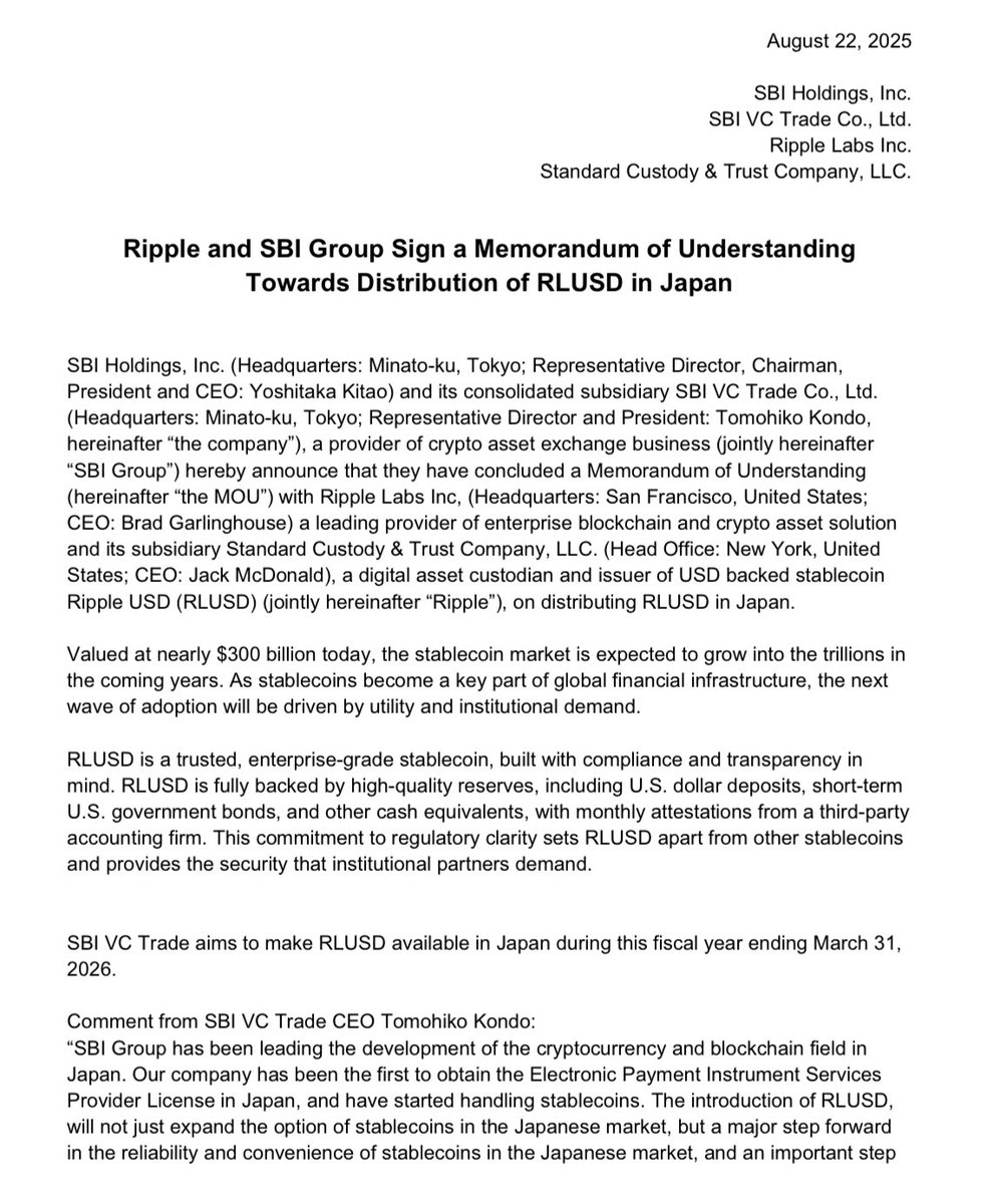 BankXRP's tweet photo. Ripple and SBI Group Sign a Memorandum of Understanding Towards Distribution of RLUSD in Japan https://t.co/TzSQr1iDNm