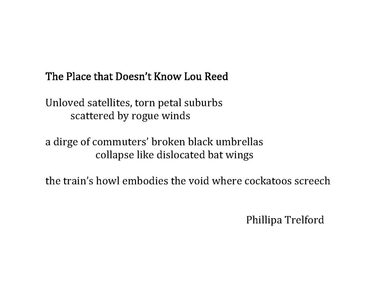 PhillipaTrelfo1's tweet image. My 30-word poem 'The Place that Doesn't Know Lou Reed' on the #UrbanDecay theme, for our host @SwapnaS28 and @TopTweetTuesday. Thank you for reading, I'll savour everyone's poems through the week. Thank you Swapna for this great theme to respond to.
#poetrycommunity #imagist