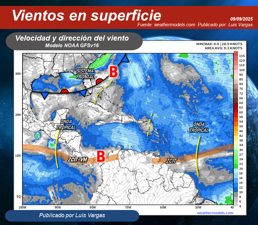 #9Sep Aproximándose al este de Venezuela, una onda tropical que interactúa con la Zona de Convergencia Intertropical, lo cual pudiera favorecer en horas vespertinas o nocturnas, la formación de nubes productoras de lluvias aisladas en sectores de Delta Amacuro, Monagas, este y