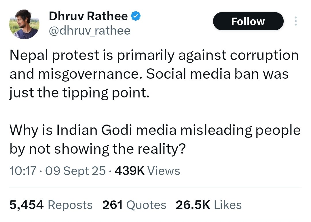 Dhruv Rathee will not tell you this:

The protests in Nepal are against the ‘nepo kids’ of politicians

Who live lavish lives purely through corruption.

Just like in India, Rahul Gandhi, Akhilesh Yadav, Tejashwi Yadav, Aaditya Thackeray, and Deepender Hooda.