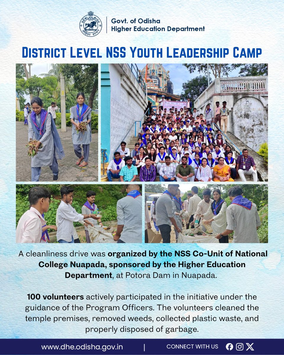 NSS Co-Unit of National College, Nuapada, organized a Cleanliness Drive at Potora Dam with support from the Higher Education Dept. 100 volunteers cleaned temple premises, removed weeds &amp; plastic waste, promoting a cleaner environment.

#highereducation #NSS #cleaningday