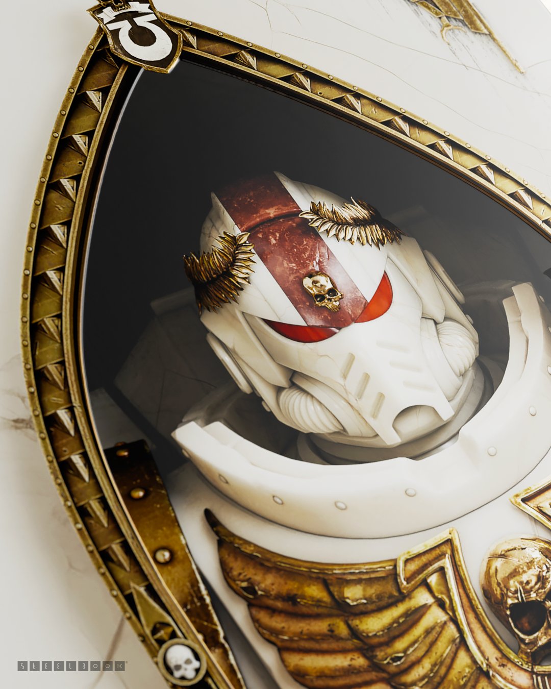 A close-up of a Space Marine 2–themed SteelBook case. The design shows a white and gold armored Titus framed in a gothic arch.