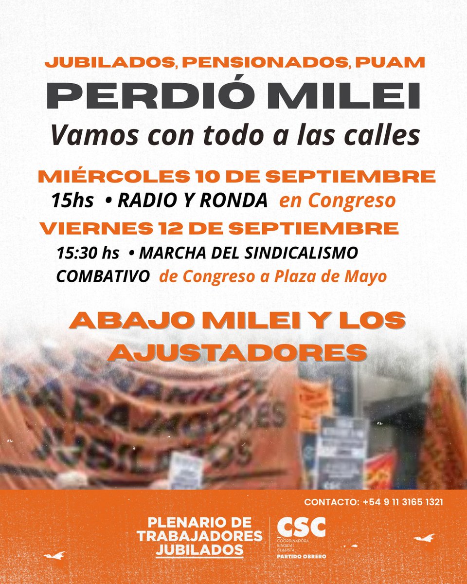 Los jubis y pensionadxs seguimos nuestra lucha de los miercoles con la radio abierta y la ronda  histórica que Bullrich y la yuta no nos dejan dar al Congreso😡🤬
El vienes marchamos con el Sindicalismo Combativo de Congreso a Plaza de Mayo💪💪💪
Te esperamos
#FueraMilei