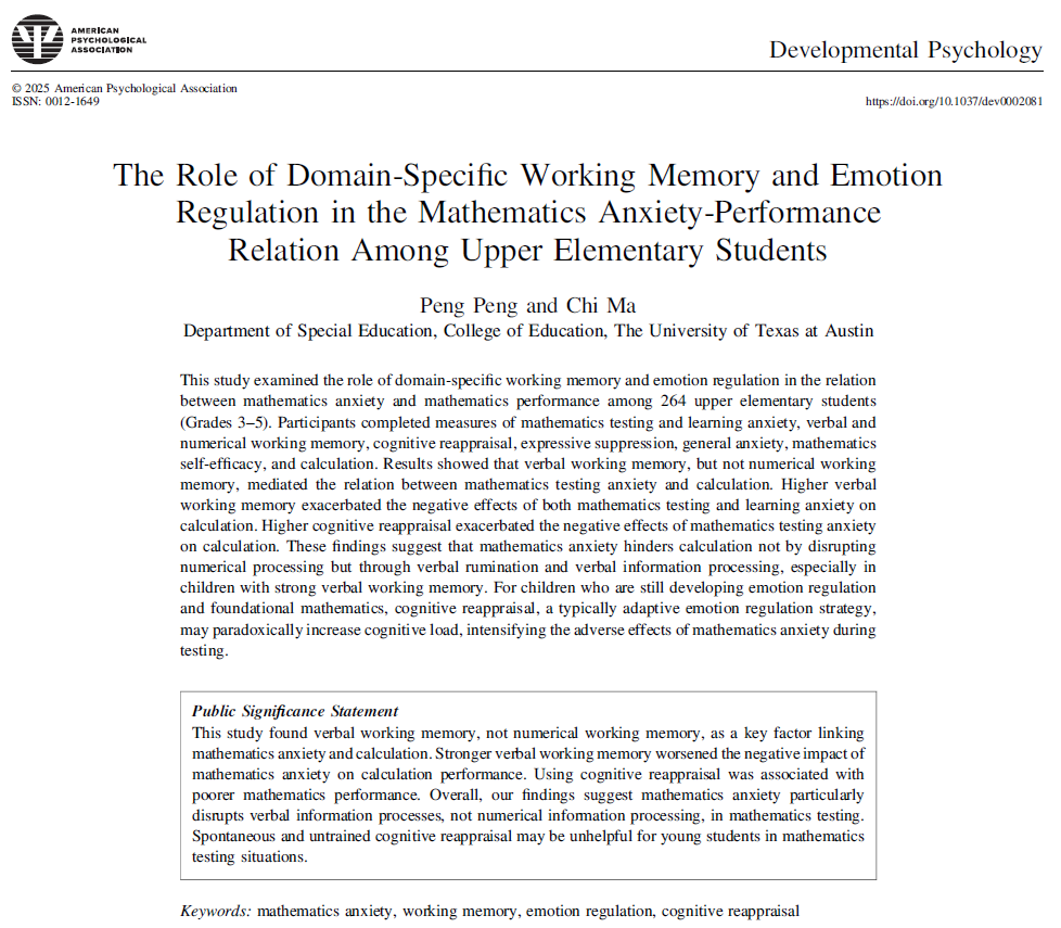Math anxiety hurts math NOT majorly via the numerical processes, but via the language-guided thinking processes. This anxiety negative effect seems stronger for kids with better verbal skills. Trying the self-talk "don't worry" during testing may actually backfire  #MathAnxiety