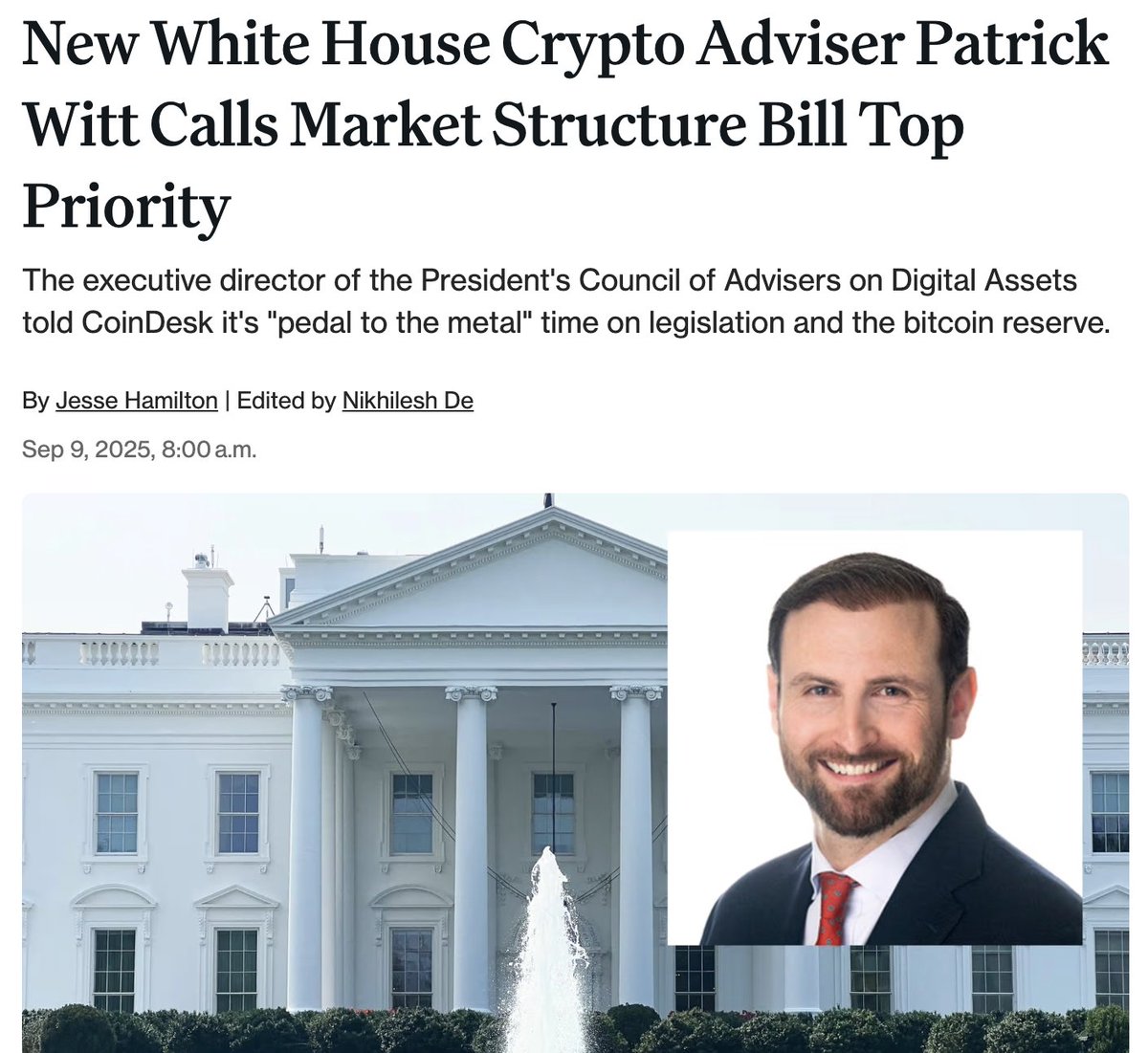 “It’s pedal to the metal on crypto legislation,” says @PatrickJWitt, Exec Director of the President’s Council of Advisers on Digital Assets—pointing to the Senate’s market structure bill, swift rollout of the #GENIUS #stablecoin law, and a Bitcoin Strategic Reserve as top