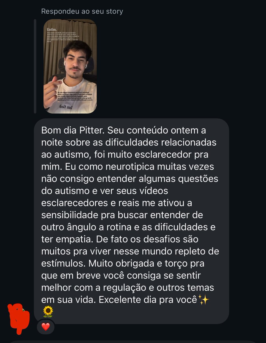Não é sobre “a personalidade desse garoto é ser autista”. É sobre conseguir ensinar e gerar empatia mostrando uma vida honesta sobre o autismo, que seja nos bons momentos ou nos desafios, e receber esse tipo de mensagem aquece demais meu coração 🥺🤏🏼