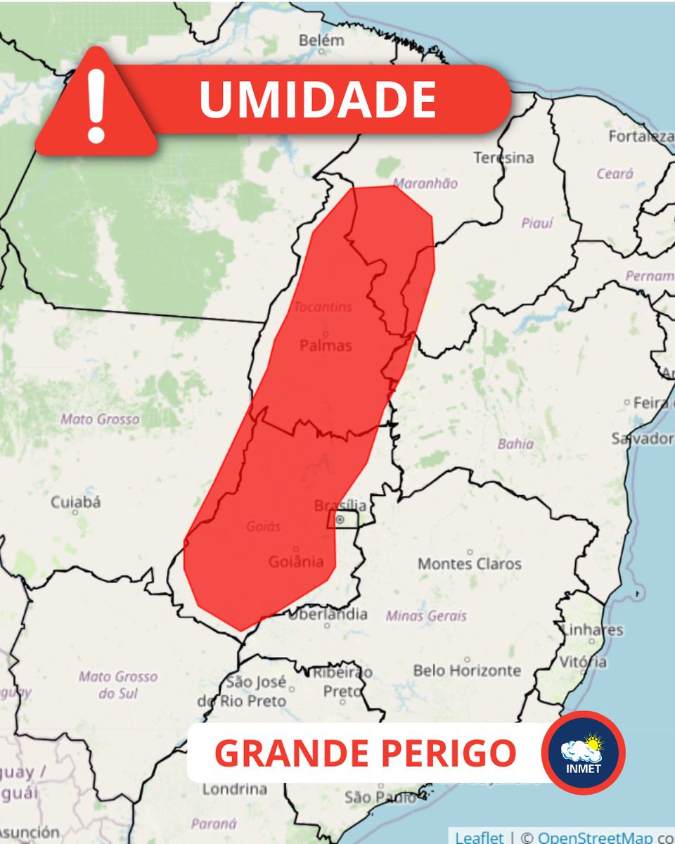 inmet_'s tweet photo. ⚠️ Atenção: Previsão de baixa umidade hoje (09), em áreas de MA, TO, PI, BA, GO, MT e DF. A umidade relativa do ar deve ficar abaixo de 12%.
🔴 Confira o aviso vermelho (grande perigo) 👉 https://t.co/X7u56O0ysq
Siga as recomendações da Defesa Civil❗
#umidade #previsãodotempo https://t.co/LEun1YBipq
