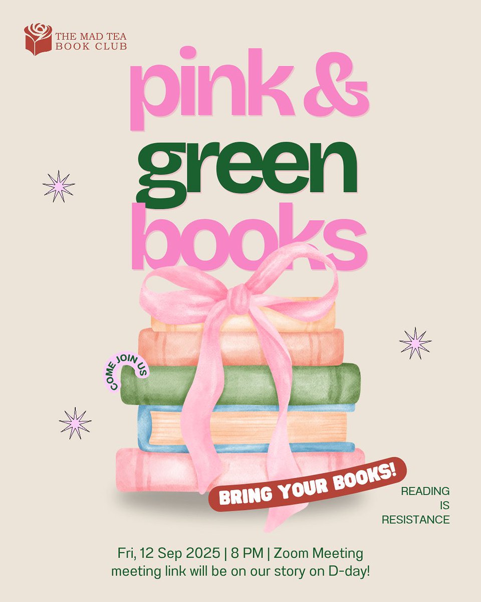 MadTeaBookClub's tweet photo. Mad hatters! Join our PINK and GREEN books meeting this Friday, 8 PM.

As usual we will start with a short silent read session then discuss our books.

#themadteabookclub #tmtbc #bookclub #bookdiscussion #bookish https://t.co/D6sYri0Ovi