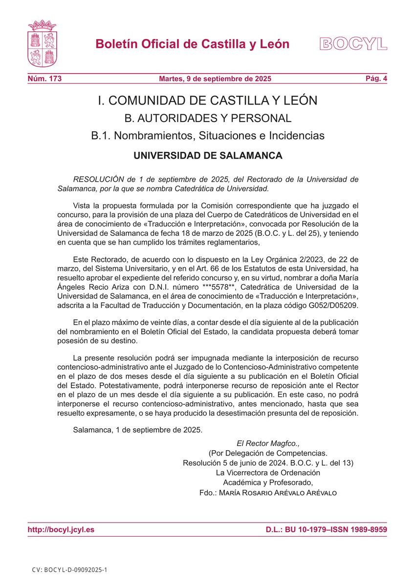 🏛 UNIVERSIDAD DE SALAMANCA

📰 RESOLUCIÓN de 1 de septiembre de 2025, del Rectorado de la Universidad de Salamanca, por la que se nombra Catedrática de Universidad.

📎 bocyl.jcyl.es/boletines/2025…