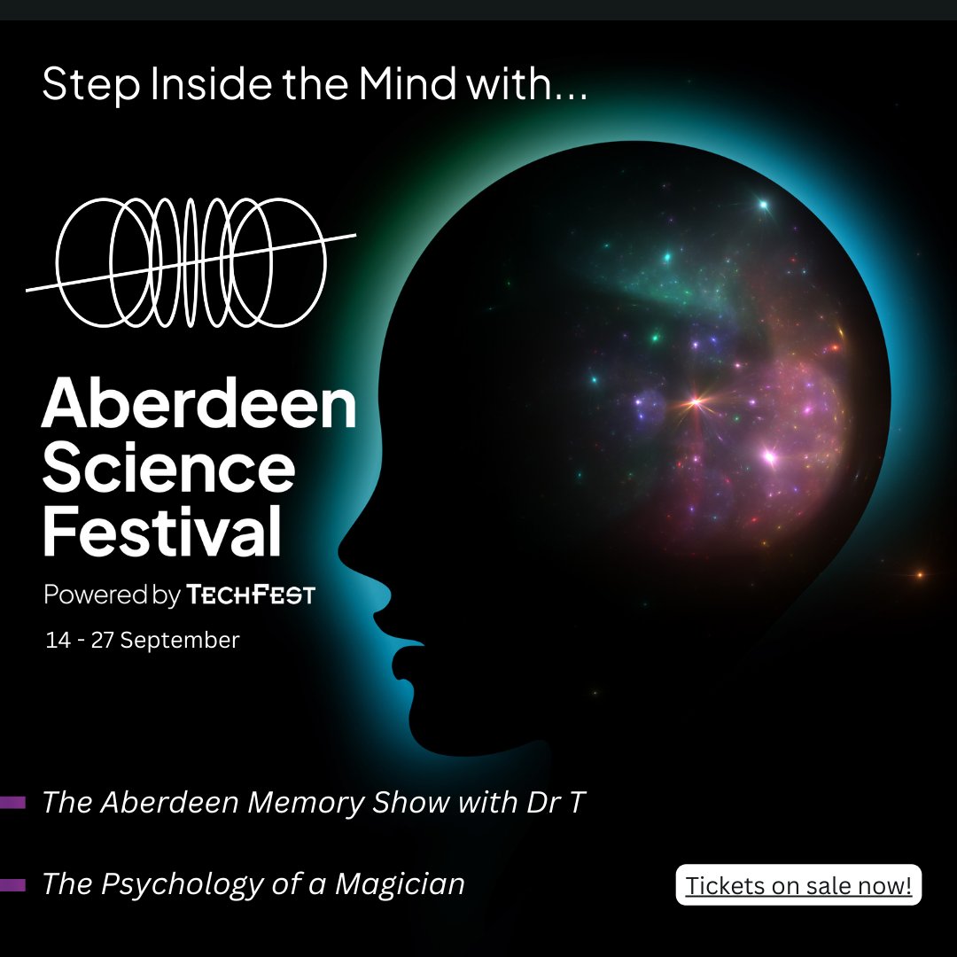 TechFestNews's tweet image. Curious about how your mind works?

This year’s Aberdeen Science Festival brings psychology to life - from memory hacks to mind-bending illusions and the science behind everyday decisions. @DrTharakaUK | @ScienceMagician 

Book now: aberdeenperformingarts.com/whats-on/?even…
