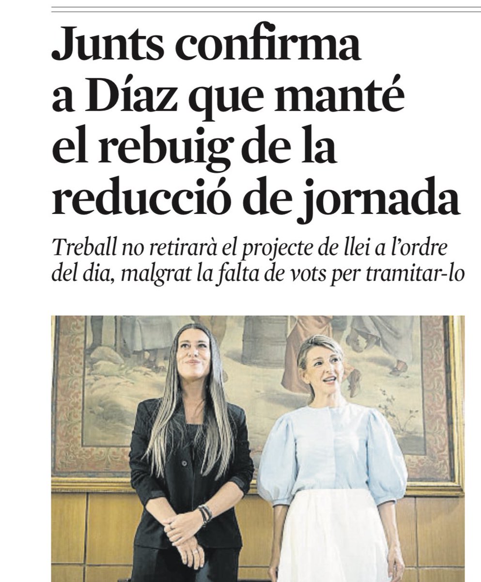 (1/5) Fa certa mandra aquesta cantarella repetida per la Moncloa, sindicats i mitjans. Junts no està en contra de la reducció de la jornada laboral sinó en contra d’aquesta, que s’ha fet unilateralment des de Madrid i amb visió centralista, on Catalunya és una provicincia més.