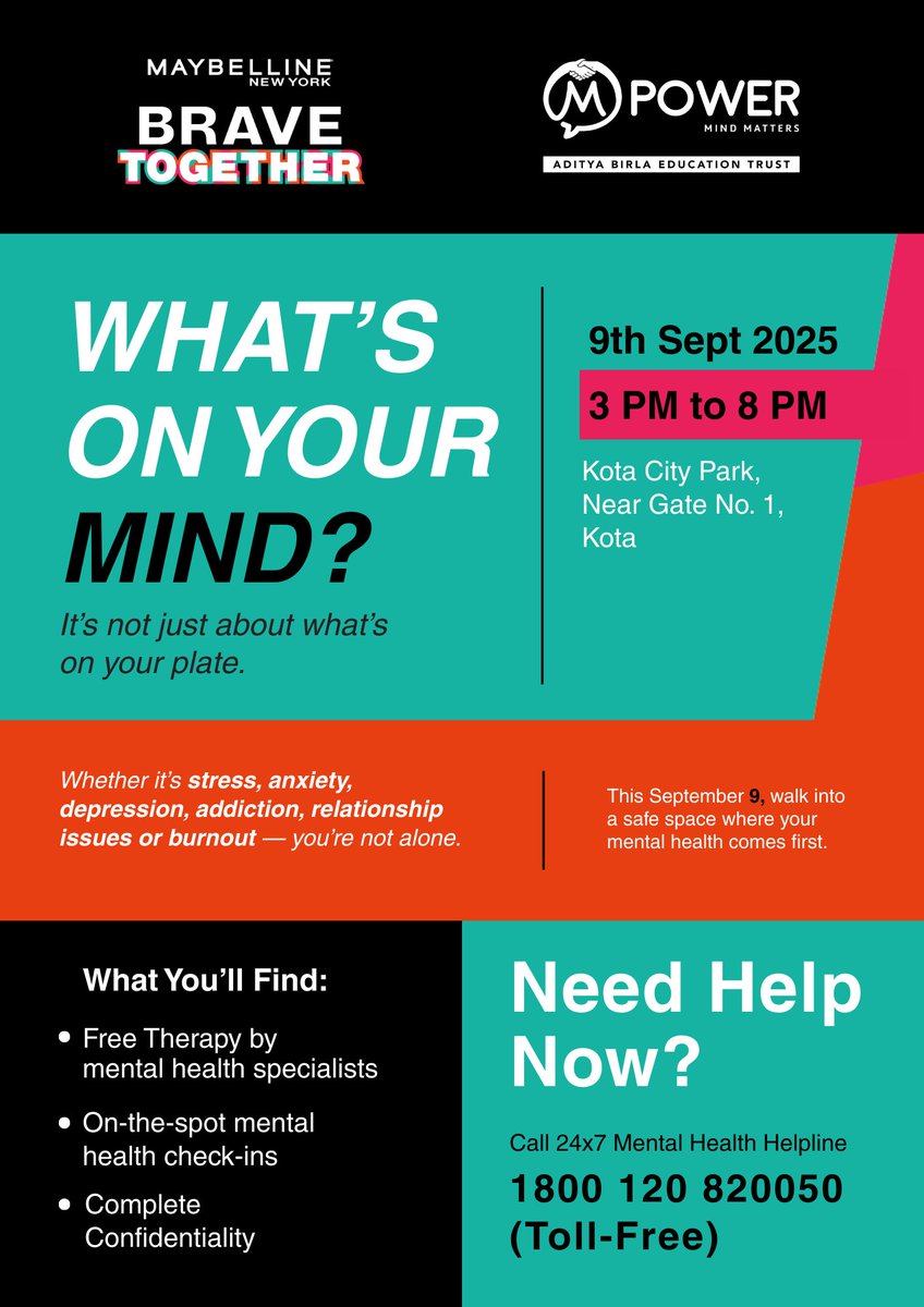 Bravery isn’t loud. It’s personal. If you’re ready to talk, we’re ready to listen. 💬

Date of the event: 9th September 2025
Location: Kota City Park, Near Gate No.1, Kota.
Time: 3 PM to 8 PM. 

#Mpowe #MentalHealthAwarness #Kota