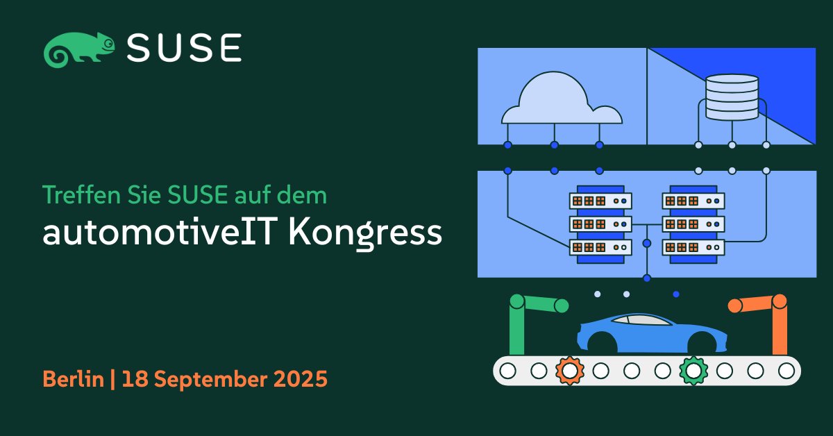 Die Zukunft der Mobilität ist digital! Am 18.9.2025 ist es so weit: der automotiveIT Kongress in Berlin! Wir von <a href="/SUSE/">SUSE</a> sind dabei und freuen uns, die Experten aus der Automobil- und IT-Branche zu treffen. Weitere Informationen: okt.to/shp4ij
#ITconnects #SUSE #Linux