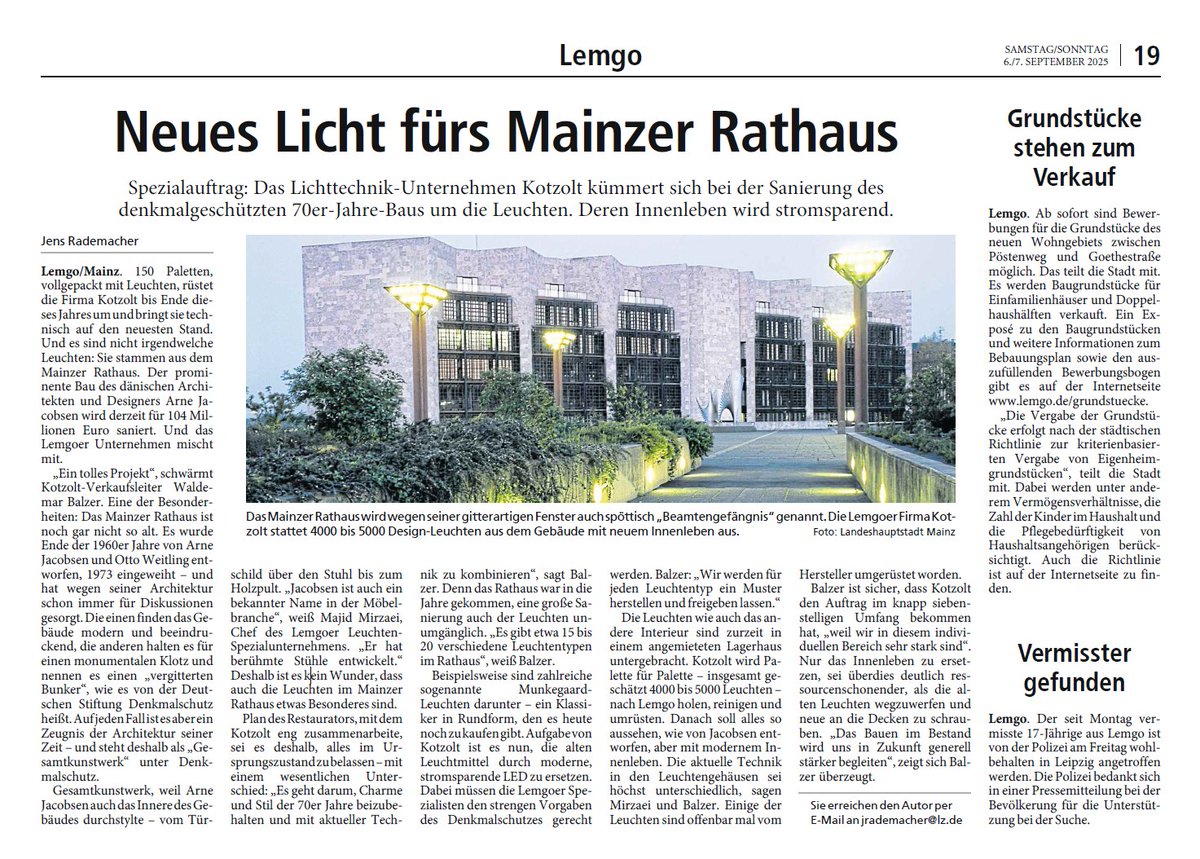 ........"Und das Lemgoer Unternehmen mischt mit" 💪

Ein toller Artikel der <a href="/LippischeZ/">Lippische Landes-Zeitung</a> über ein tolles Projekt

Erleben Sie Licht - Live und in Farbe im Rathaus Mainz. Genau unser Ding 😜