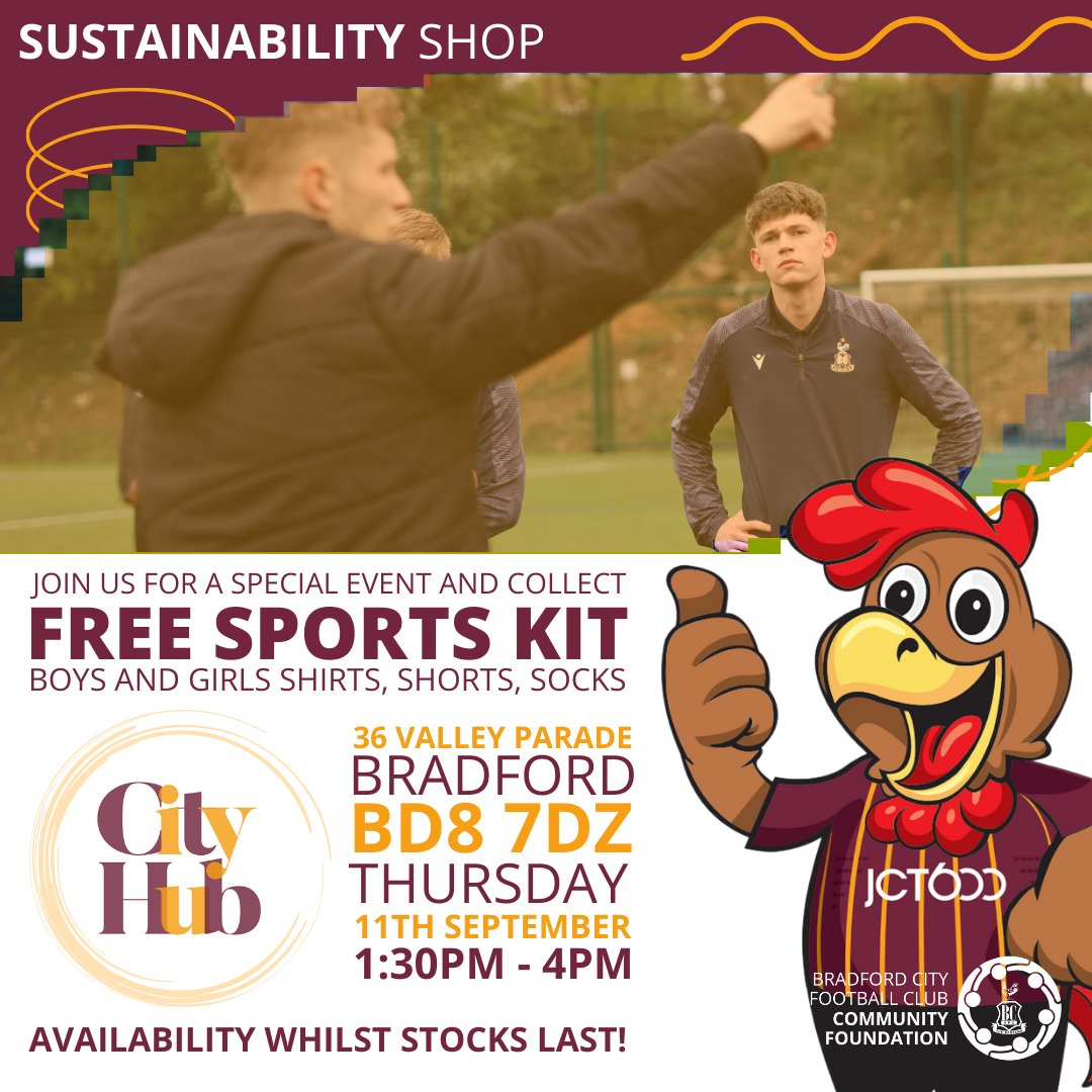 We're hosting another #SustainabilityShop this Thursday 💛

There's plenty of FREE sports kits available 🤩

Join us at the #CityHub from 1.30pm 👋

#BCAFC