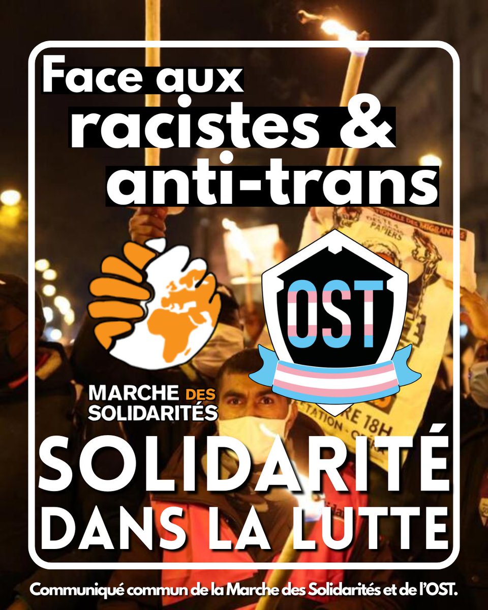 OrgaSoliTrans's tweet image. ✊Communiqué commun avec @MSolidarites!
Face aux racistes et aux anti-trans, solidarité dans la lutte!
#10Septembre #18septembre #ExisTransInter #FreePalestine #DesPapiersPourTous #FeuAuFrontieres
1/4